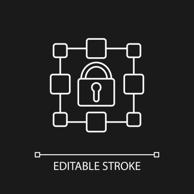 Koyu tema için beyaz blok zinciri doğrusal simgesi. Şifreli veri blokları depolama. Kayıt bilgileri. İnce çizgi özelleştirilebilir illüstrasyon. Gece modu için izole vektör kontur sembolü. Düzenlenebilir vuruş