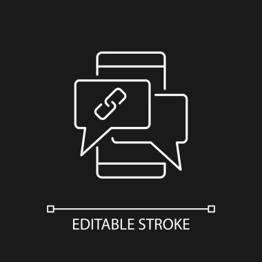 Karanlık tema için dijital iletişim beyaz doğrusal simgesi. Anında mesajlaşma. İşbirlikçi kültür. İnce çizgi özelleştirilebilir illüstrasyon. Gece modu için izole vektör kontur sembolü. Düzenlenebilir vuruş