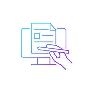 Dijital yazma gradyanı doğrusal vektör simgesi. Belge bilgisayarla hazırlanıyor. Bilgiyi dijital olarak paylaş. İnce çizgi renk sembolü. Modern tarz pictogram. Vektör izole çizimi