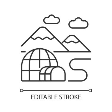 Tundra doğrusal simgesi. Soğuk kutup bölgesi. Sade ağaçsız bir toprak parçası. Kutup çölü. Kuzey biyolojisi. İnce çizgi özelleştirilebilir illüstrasyon. Contour sembolü. Vektör izole çizim. Düzenlenebilir vuruş