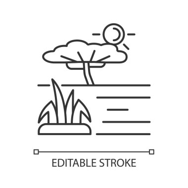 Savanna doğrusal simgesi. Afrika çayırları ve ormanları. Ayrılmış ağaçları olan tropikal topraklar. İnce çizgi özelleştirilebilir illüstrasyon. Contour sembolü. Vektör izole çizim. Düzenlenebilir vuruş