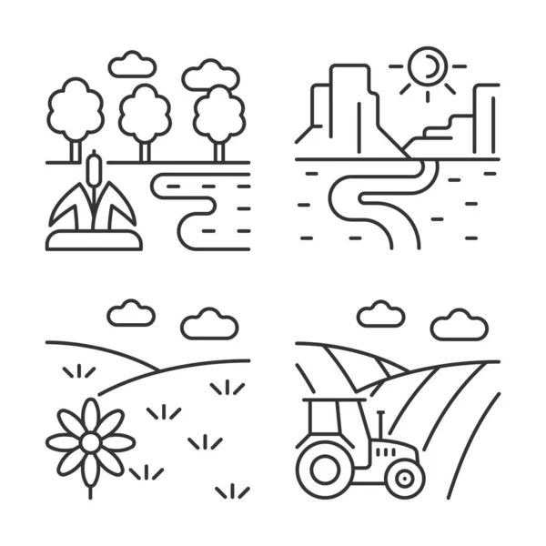 Diversos Tipos Tierra Conjunto Iconos Lineales Suelo Cultivable Estéril Planta — Vector de stock