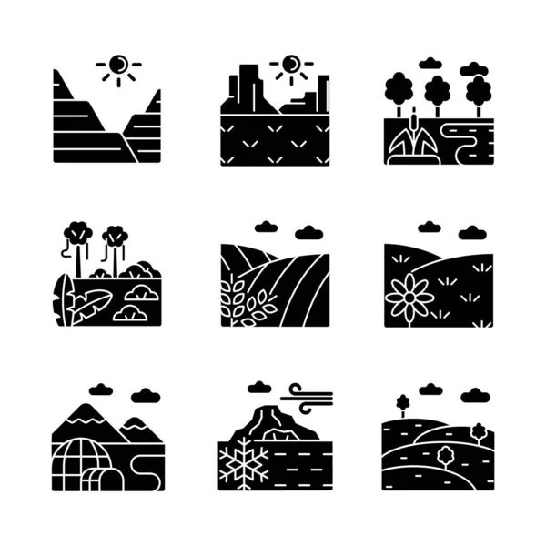 生物和地貌的黑色石像图标设置在白色的空间 土地类型多样性 干燥潮湿的气候带 北部和南部地区 轮廓符号 矢量孤立的说明 — 图库矢量图片