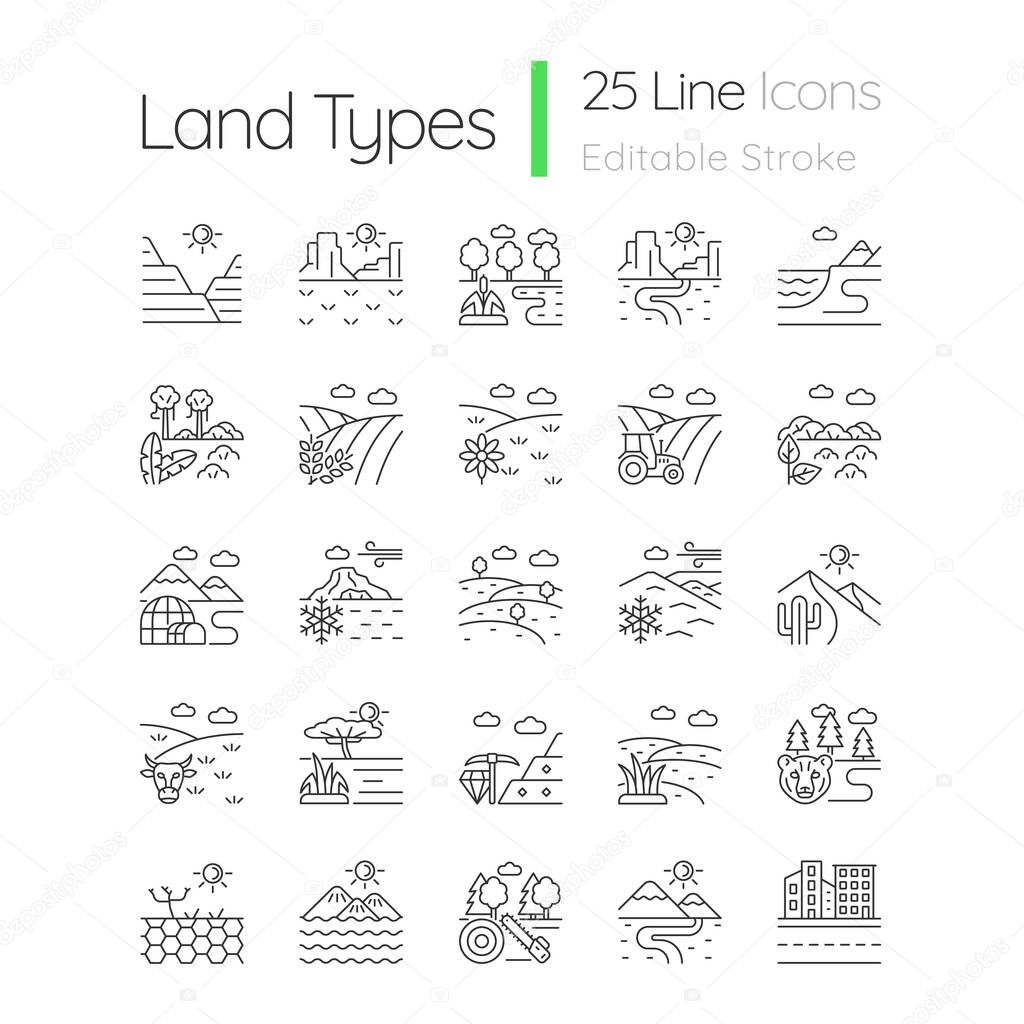 Land types linear icons set. Biome diversity. Hot and cold climate zones. Agriculture and industry areas. Customizable thin line contour symbols. Isolated vector outline illustrations. Editable stroke