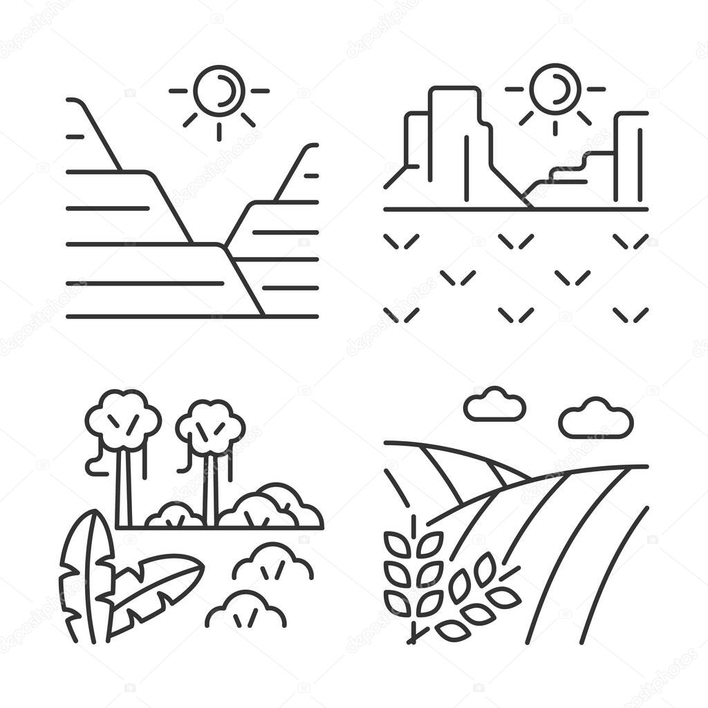 Landforms linear icons set. Sediment and rock land formation. Hot climate region. Jungle and rainforest. Customizable thin line contour symbols. Isolated vector outline illustrations. Editable stroke