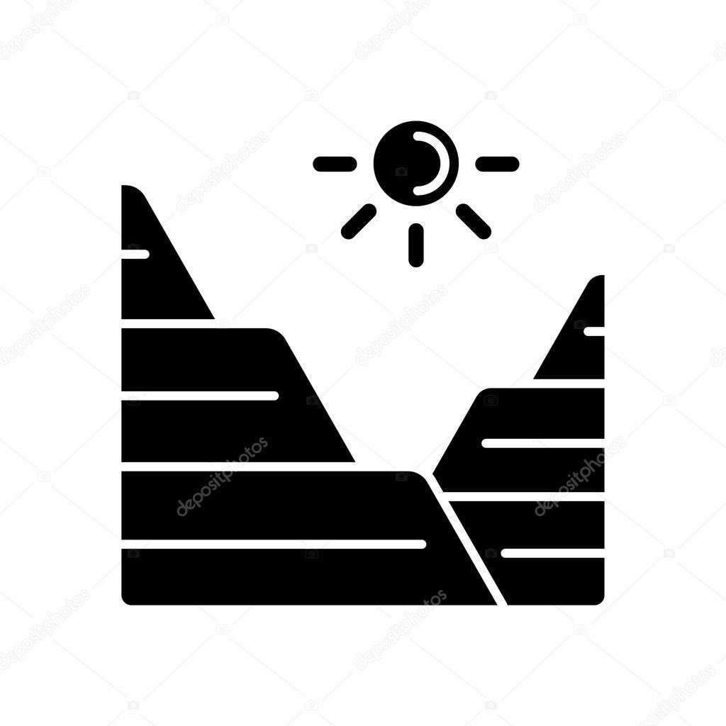 Loess black glyph icon. Sediment landform. Windblown dust and silt formation. Mountain slope land type. Arid region terrain. Silhouette symbol on white space. Vector isolated illustration