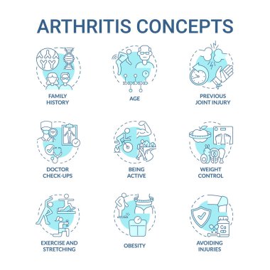 Eklem iltihabı mavi konsept simgeleri. Risk faktörleri ve önleme fikri ince çizgi renkli çizimler. Eklem ve kemik bozukluğu. Ağırlık kontrolü ve zindelik. Vektör izole çizimler. Düzenlenebilir vuruş