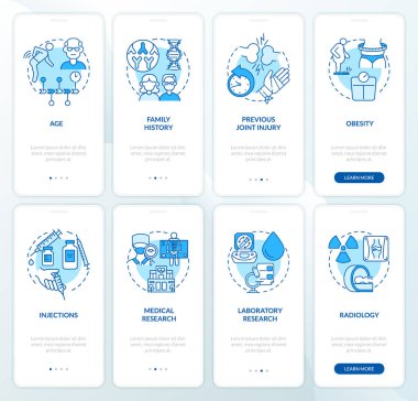 Romatizma mavisi seyyar uygulama sayfası ekran seti. Risk faktörleri ve önleme yürüyüşü kavramlarla birlikte dört aşamalı grafik talimatlar. UI, UX, doğrusal renk çizimleri olan GUI vektör şablonu