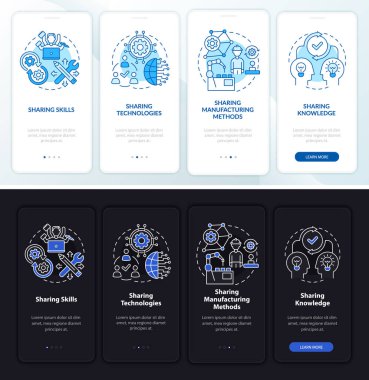 Mobil uygulama ekranında teknik paylaşım yöntemleri. İnovasyon, kavramlarla birlikte dört aşamalı grafik talimatlar. UI, UX, GUI vektör şablonu doğrusal gece ve gündüz kip çizimleri