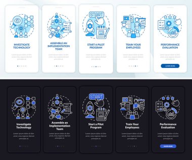 Teknik infaz mobil uygulama sayfası ekranına basıyor. Bütünleşme, kavramlarla birlikte 5 aşamalı grafik talimatlar. UI, UX, GUI vektör şablonu doğrusal gece ve gündüz kip çizimleri
