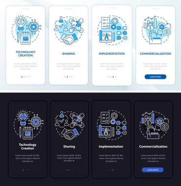 Teknisyen transfer adımları mobil uygulama sayfası ekranında. Kavramlarla dört aşamalı grafik talimatlar oluştur ve paylaş. UI, UX, GUI vektör şablonu doğrusal gece ve gündüz kip çizimleri