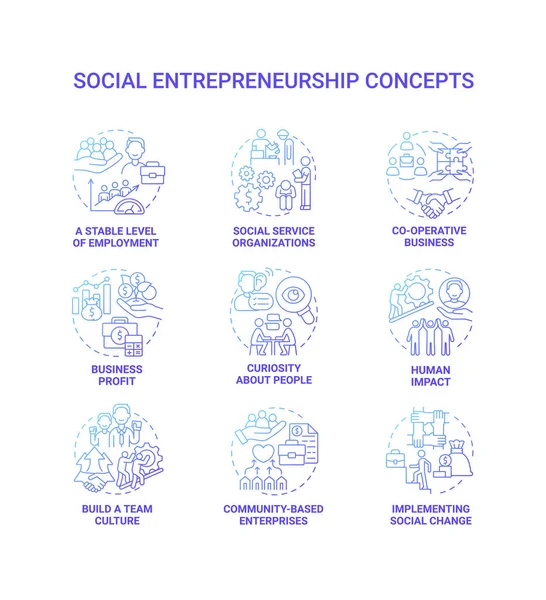 Conjunto Iconos Concepto Gradiente Azul Emprendimiento Social Las Organizaciones Sociales — Vector de stock