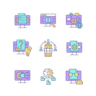 Dijital okuma yazma becerileri RGB renk simgeleri ayarlandı. Dijital içeriği yönet. Sosyal ağlar. Bilgisayar algoritmaları. İzole vektör çizimleri. Basit çizgi çizimleri koleksiyonu. Düzenlenebilir vuruş