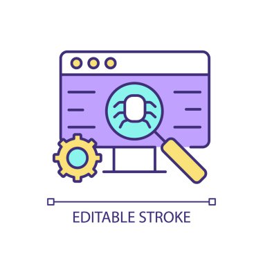 Yazılım testi RGB renk simgesi. Performansı arttırıyorum. Uygulama hataları önleniyor. Programlama arızaları. İzole vektör çizimi. Basit bir çizgi çizimi. Düzenlenebilir vuruş