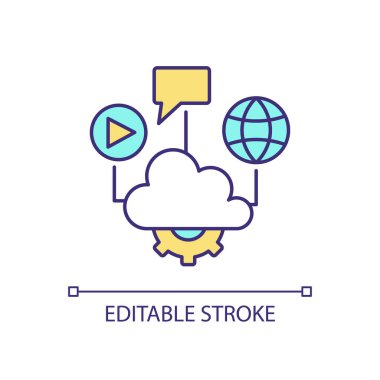 Bulut hesaplama RGB renk simgesi. Dosya depolama ve paylaşma. Teslimat servisleri hesaplanıyor. İnternet üzerinden veri erişimi. İzole vektör çizimi. Basit bir çizgi çizimi. Düzenlenebilir vuruş