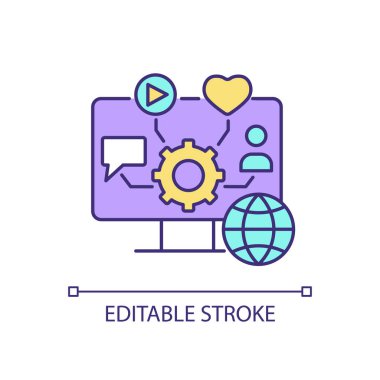 Sosyal medya yönetimi RGB renk simgesi. Çevrimiçi içeriğe bağlanılıyor. Toplum binası. Çevrimiçi varlık arttırılıyor. İzole vektör çizimi. Basit bir çizgi çizimi. Düzenlenebilir vuruş