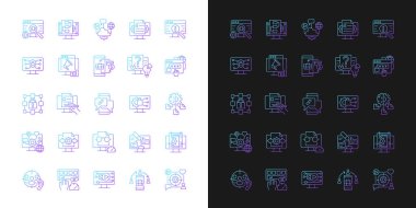 Karanlık ve aydınlık mod için dijital beceri gradyan simgeleri ayarlandı. Okuma yazma bilinci kazanıyor. İnce çizgili sembol demetleri. Siyah ve beyaz üzerine izole vektör ana hatları koleksiyonu