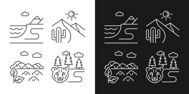 Karanlık ve aydınlık mod için doğal toprak şekilleri doğrusal simgeler oluşturuldu. Kıyı arazisi. Sıcak çöl. Sıkıcı orman. Özelleştirilebilir ince çizgi sembolleri. İzole vektör çizimi çizimleri. Düzenlenebilir vuruş