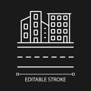 Karanlık tema için şehir karası beyaz doğrusal simgesi. Kasabalar ve şehirler. İkamet alanı. Binaların manzarası. İnce çizgi özelleştirilebilir illüstrasyon. Gece modu için izole vektör kontur sembolü. Düzenlenebilir vuruş