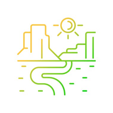 Kanyon gradyan doğrusal vektör simgesi. Dar ve derin vadi. Dik kaya kenarlı siper. Erozyon toprak formunu yarattı. İnce çizgi renk sembolü. Modern tarz pictogram. Vektör izole çizimi