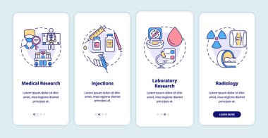 Artrit klinik hizmetleri mobil uygulama sayfası ekranında. Sağlık sigortası, konseptlerle birlikte dört adımda grafik talimatlar veriyor. UI, UX, doğrusal renk çizimleri olan GUI vektör şablonu