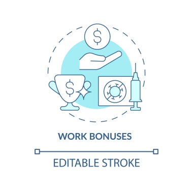 İş ikramiyesi mavi konsept simgesi. Aşılama soyut fikri ince çizgi çizimini ödüllendirir. Aşı faydaları. Çalışanların güvenliğini sağlıyorum. Vektör izole edilmiş dış hat renk çizimi. Düzenlenebilir vuruş