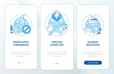 Mobil uygulama sayfası ekranında covid aşıdan muafiyetler. Tıbbi koşullar, kavramlarla birlikte üç aşamalı grafik talimatlar veriyor. UI, UX, doğrusal renk çizimleri olan GUI vektör şablonu