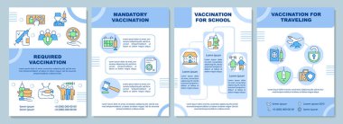 Aşı broşürü gerekliydi. Okul ve seyahat için. Broşür, broşür, broşür baskısı, doğrusal simgelerle kaplama tasarımı. Sunum için vektör düzenleri, yıllık raporlar, reklam sayfaları