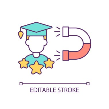 Öğrencileri RGB renk simgesine çek. Üniversite ve şirket ortaklığı. Yeni mezunlar. Perspektif kariyer fırsatı. İzole vektör çizimi. Basit bir çizgi çizimi. Düzenlenebilir vuruş