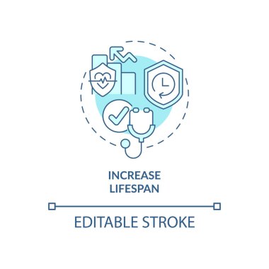 Yaşam süresi mavi konsept simgesini arttır. Yıllık check-up fayda soyut fikir ince çizgi illüstrasyonu. Yıllık tıbbi testler. Sağlık hizmetleri. Vektör izole edilmiş dış hat renk çizimi. Düzenlenebilir vuruş