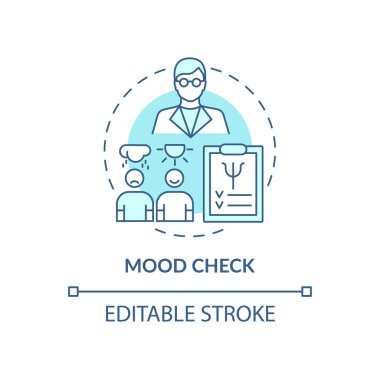 Ruh hali kontrolü mavi konsept simgesi. Yıllık klinik kontrol fikri soyut ince çizgi çizimi. Zihinsel durum testi. Hastanın psikolojik durumu. Vektör izole edilmiş dış hat renk çizimi. Düzenlenebilir vuruş