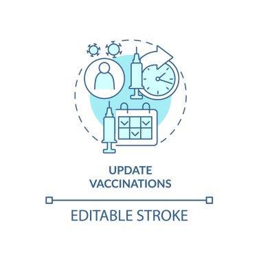 Aşılar mavi konsept simgesini güncelle. Yıllık kontroller soyut fikir ince çizgi çizimleri. Hastalık önleme. Bağışıklık. Kapsamlı aşı. Vektör izole edilmiş dış hat renk çizimi. Düzenlenebilir vuruş