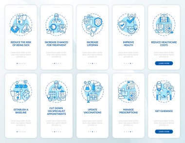 Mobil uygulama sayfa ekranında yıllık kontrol mavisi. Faydaları ve nedenleri kavramlarla birlikte 5 adımlık grafik talimatlar. UI, UX, doğrusal renk çizimleri olan GUI vektör şablonu