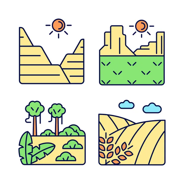 Landforms Rgb Set Icone Colori Sepoltura Formazione Rocce Regione Climatica — Vettoriale Stock