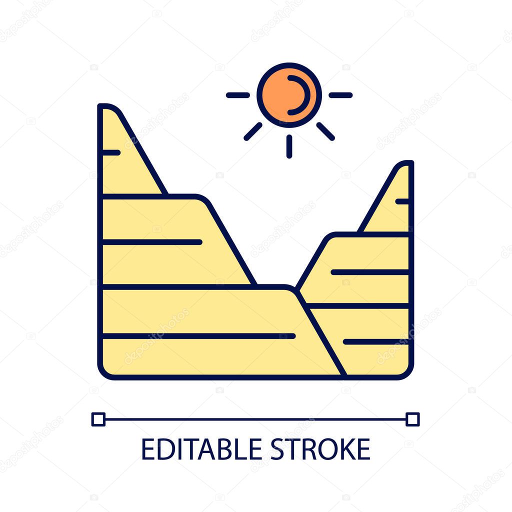 Loess RGB color icon. Sediment landform. Windblown dust and silt formation. Mountain slope land type. Arid region terrain. Isolated vector illustration. Simple filled line drawing. Editable stroke