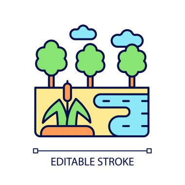 Wetland RGB renk simgesi. Su kaplı toprak tipi. Islak toprak parçası. Bataklık ve turba diyarı. Su arazisi. Yüksek nem oranı olan bir biyografi. İzole vektör çizimi. Basit bir çizgi çizimi. Düzenlenebilir vuruş