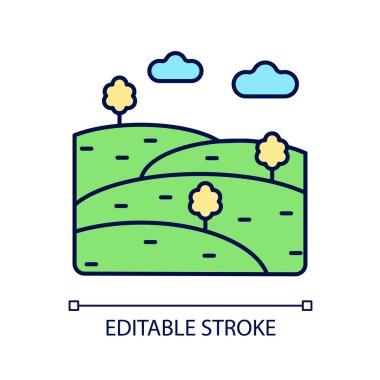 Hills RGB renk simgesi. Doğal yükseklik. Yüzeyde yükselen kara düzeni. Orta boy dağ. Uzun bir tümsek. İzole vektör çizimi. Basit bir çizgi çizimi. Düzenlenebilir vuruş