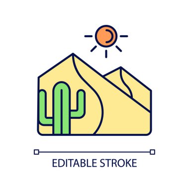 Sıcak çöl RGB renk simgesi. Yüksek sıcaklıkta kumlu arazi. Büyük kuru bir alan. Düşük yağış bölgesi. Kurak ve sert iklim bölgesi. İzole vektör çizimi. Basit bir çizgi çizimi. Düzenlenebilir vuruş