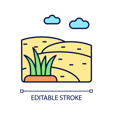Grassland RGB renk simgesi. Çimenler örtülmüş. Kısa bitki örtüsü olan topraklar. Geniş, açık çimenlik bir alan. Hayvan otlatma çayırı. İzole vektör çizimi. Basit bir çizgi çizimi. Düzenlenebilir vuruş