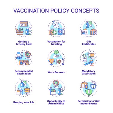 Aşı politikası ikonları ayarlandı. Coronavirus 'a karşı aşı fikri ince çizgi renkli çizimler. İş ikramiyeleri. Hediye çekleri. Vektör izole çizimler. Düzenlenebilir vuruş
