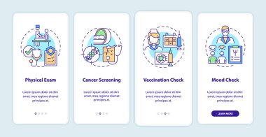 Mobil uygulama sayfası ekranında fiziksel muayene bileşenleri. Sağlık sigortası, konseptlerle birlikte dört adımda grafik talimatlar veriyor. UI, UX, doğrusal renk çizimleri olan GUI vektör şablonu