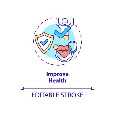 Sağlık konsepti ikonunu geliştir. Yıllık kontroller soyut fikirlerin ince çizgi çiziminden yararlanır. Düzenli doktor muayenesi. Sağlık hizmetleri. Vektör izole edilmiş dış hat renk çizimi. Düzenlenebilir vuruş