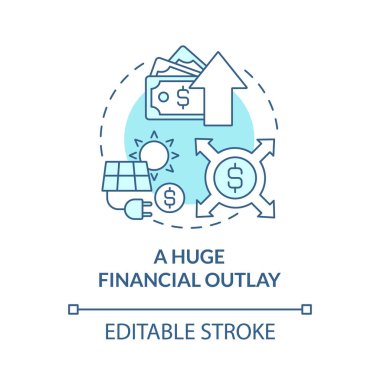 Büyük bir finansal gider mavi konsept ikonu. Yenilenebilir enerji dezavantajı soyut fikir ince çizgi çizimi. Yüksek bakım harcamaları. Vektör izole edilmiş dış hat renk çizimi. Düzenlenebilir vuruş