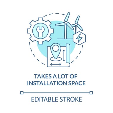 Bir sürü kurulum alanı mavi konsept simgesi gerektirir. Yenilenebilir enerji dezavantajı soyut fikir ince çizgi çizimi. Potansiyel arazi işgali. Vektör izole edilmiş dış hat renk çizimi. Düzenlenebilir vuruş