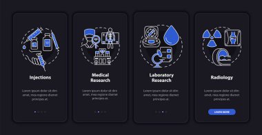 Koyu mobil uygulama sayfası ekranında artrit klinik hizmetleri var. Sağlık sigortası, konseptlerle birlikte dört adımda grafik talimatlar veriyor. UI, UX, doğrusal gece kipi çizimleri ile GUI vektör şablonu
