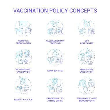 Aşı politikası mavi gradyan konsept simgeleri ayarlandı. Coronavirus 'a karşı aşı fikri ince çizgi renkli çizimler. Ofise katılma fırsatı. Market kartı al. Vektör izole çizimleri