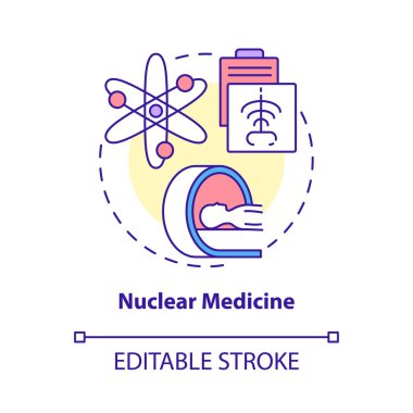 Nükleer tıp konsepti ikonu. Nükleer enerji kullanımı soyut fikir ince çizgi çizimi. Hastalık teşhisi için radyoaktif materyaller kullanılıyor. Vektör izole edilmiş dış hat renk çizimi. Düzenlenebilir vuruş