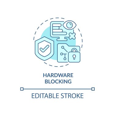 Donanım, mavi konsept simgesini engelliyor. Bilgisayar kullanmak için kısıtlama. Yazılım güvenliği. Çalışan, soyut fikir ince çizgilerini inceliyor. Vektör izole edilmiş dış hat renk çizimi. Düzenlenebilir vuruş