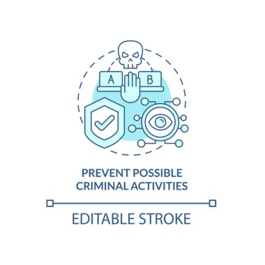 Olası suç faaliyetlerini mavi konsept simgesini engelle. Ofiste güvenlik. Çalışan, soyut fikir ince çizgilerini inceliyor. Vektör izole edilmiş dış hat renk çizimi. Düzenlenebilir vuruş