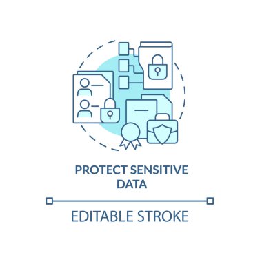 Hassas veri mavi konsept simgesini koru. İş bilgisinin güvenliğini sağlayın. Çalışan, soyut fikir ince çizgilerini inceliyor. Vektör izole edilmiş dış hat renk çizimi. Düzenlenebilir vuruş